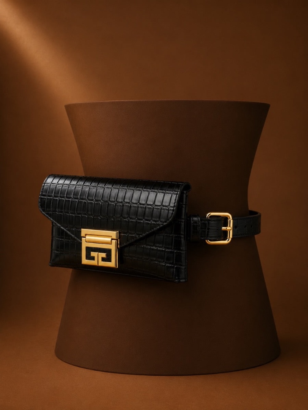 Black croc-embossed belt bag with gold hadware